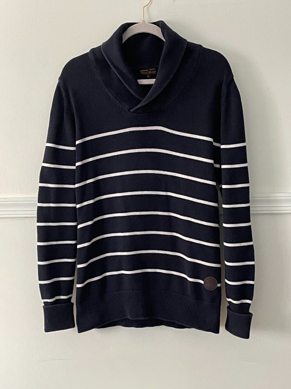 Barbour Navy Shawl Collared Blue & White Striped Sweater Size L
